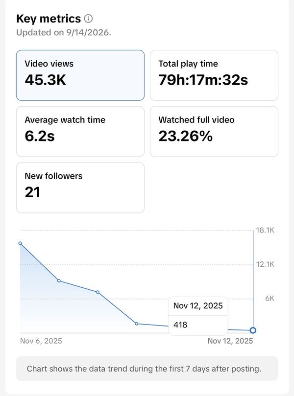 TikTok videó-statisztika — 45,3K megtekintés