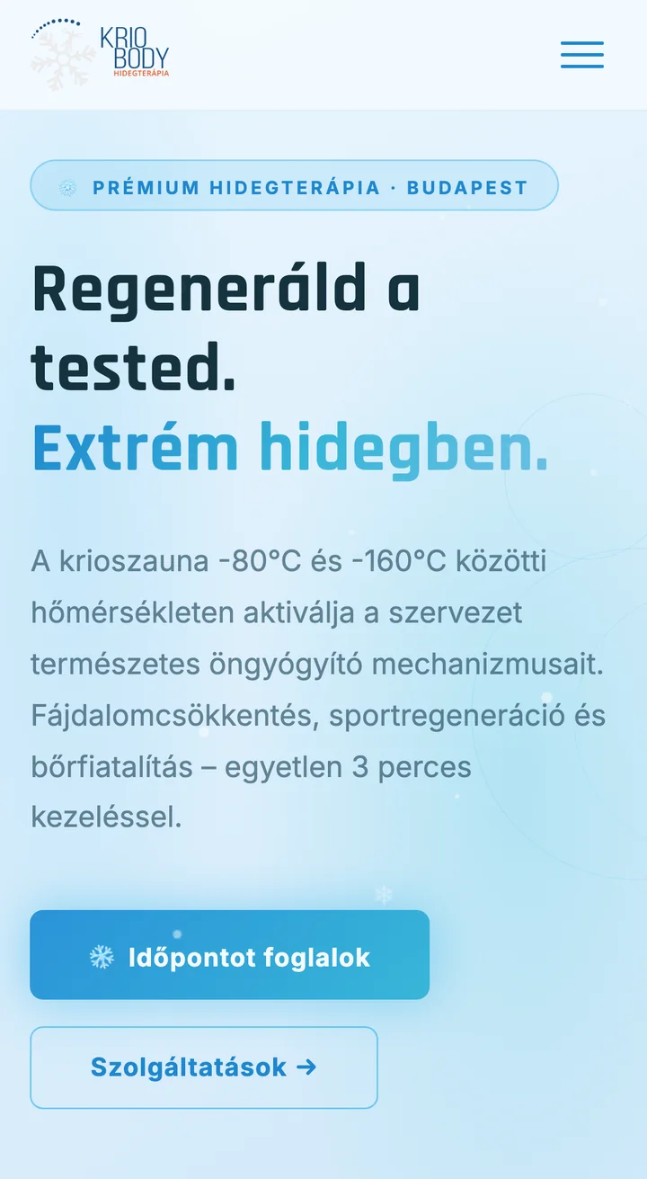A Kriobody krioszauna-stúdió weboldalának mobil nyitóképernyője: Időpontot foglalok és Szolgáltatások gombbal